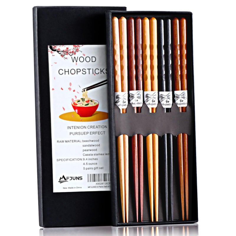 MFJUNS 5-Pairs Reusable Set of Chopsticks  Natural Wood Chopstick and Minimalism Japanese Chopsticks Non-slip Design 8.8 Inch/22.5cm Gift Set - Image 1